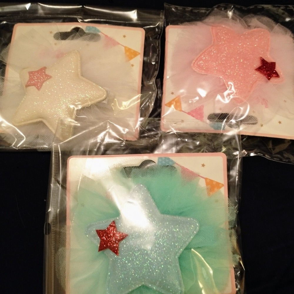 D'Bello Baby Star Sparkle Hair Clips Set of 3 Pink White Green Glitter Tulle